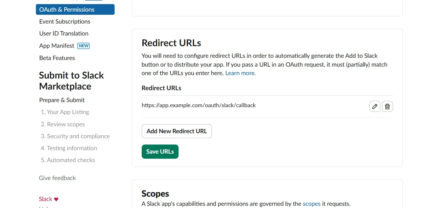 The Redirect URLs section of OAuth & Permissions, listing https://app.example.com/oauth/slack/callback, with Add New Redirect URL and Save URLs buttons.