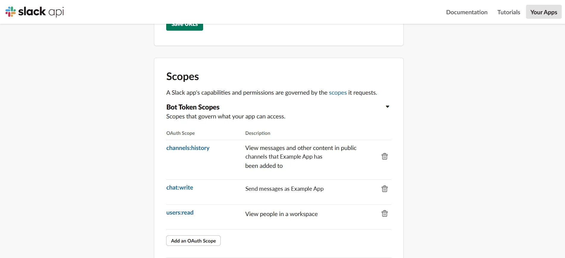 Bot Token Scopes listing channels:history, chat:write and users:read, each with its description, and an Add an OAuth Scope button.