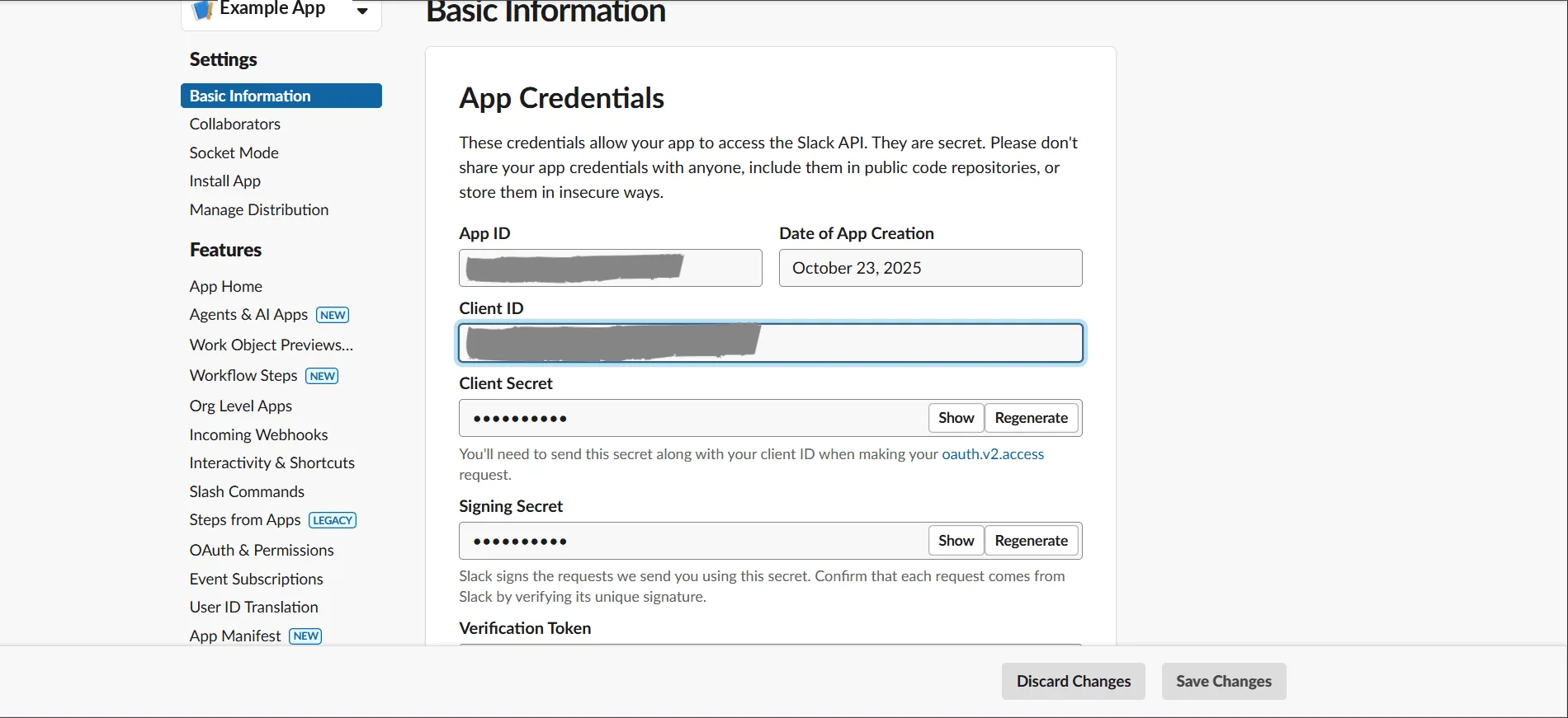 Basic Information's App Credentials: App ID and Client ID (hidden), Client Secret and Signing Secret masked with Show and Regenerate buttons.