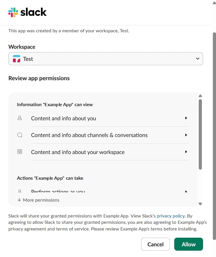 Slack's consent screen: a workspace picker, what Example App can view and the actions it can take, and Cancel and Allow buttons.