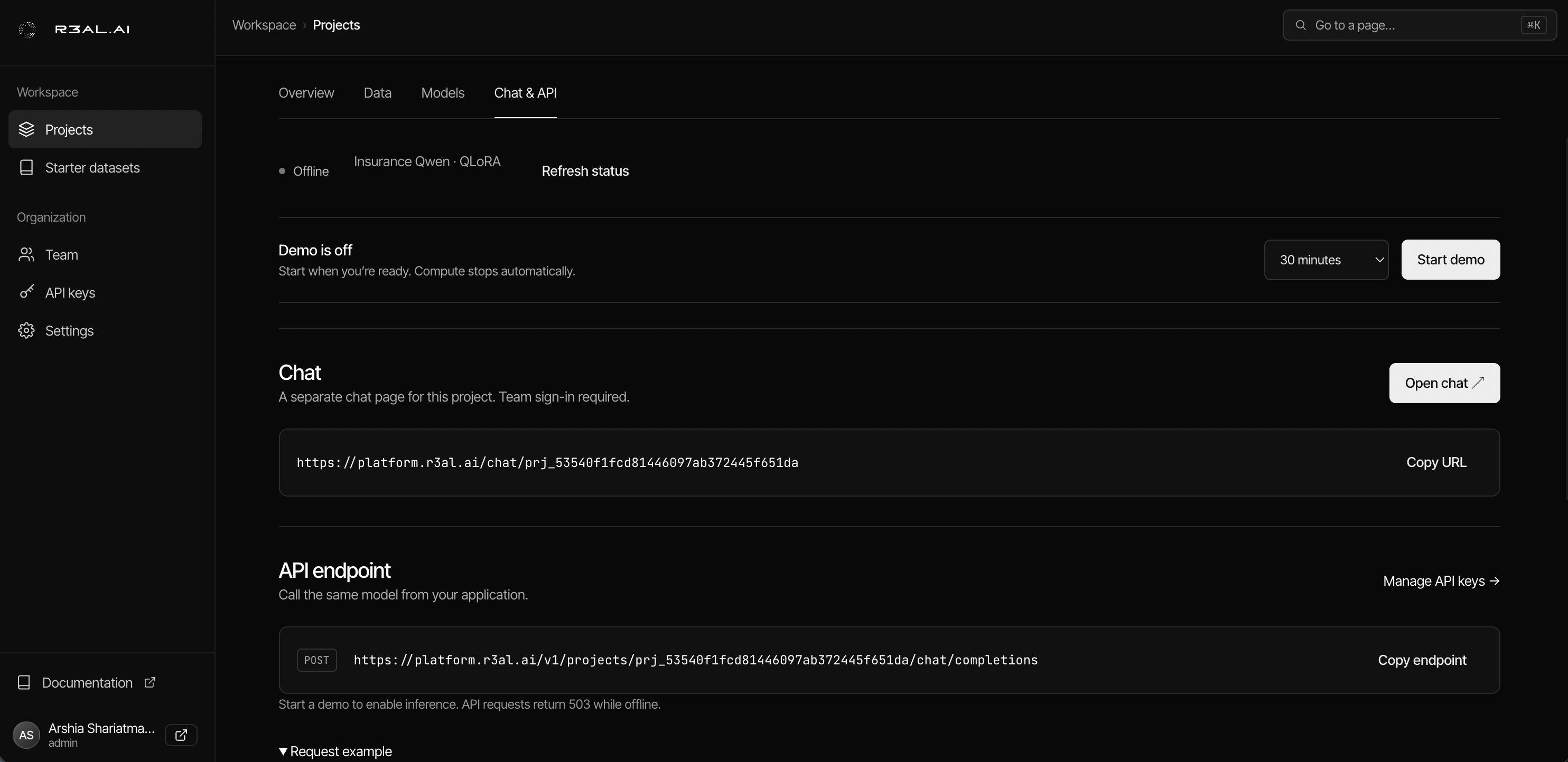 R3AL project workspace showing the insurance model, demo controls, chat access, and API endpoint.