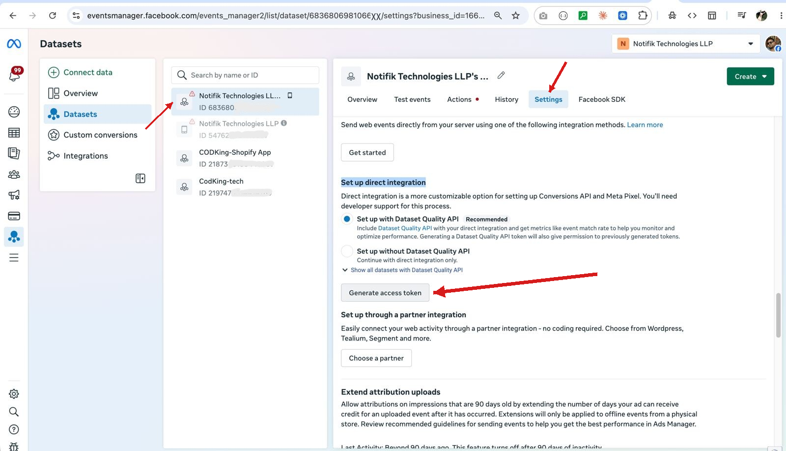 Meta Events Manager Dataset Settings page showing the Set up direct integration section and the Generate access token button
