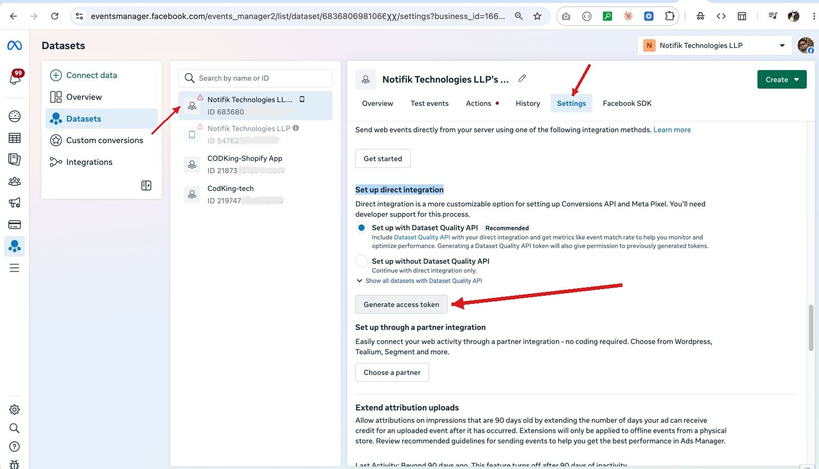 Meta Events Manager Dataset Settings page showing the Set up direct integration section and the Generate access token button