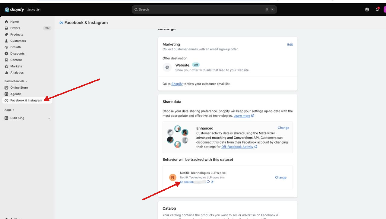 Shopify Admin Facebook and Instagram settings showing the connected Meta Dataset and Dataset ID under the Share data section