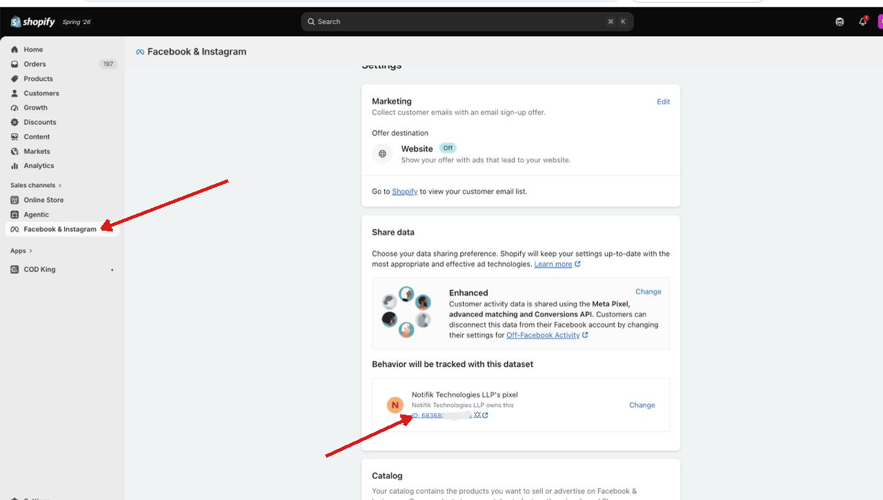 Shopify Admin Facebook and Instagram settings showing the connected Meta Dataset and Dataset ID under the Share data section