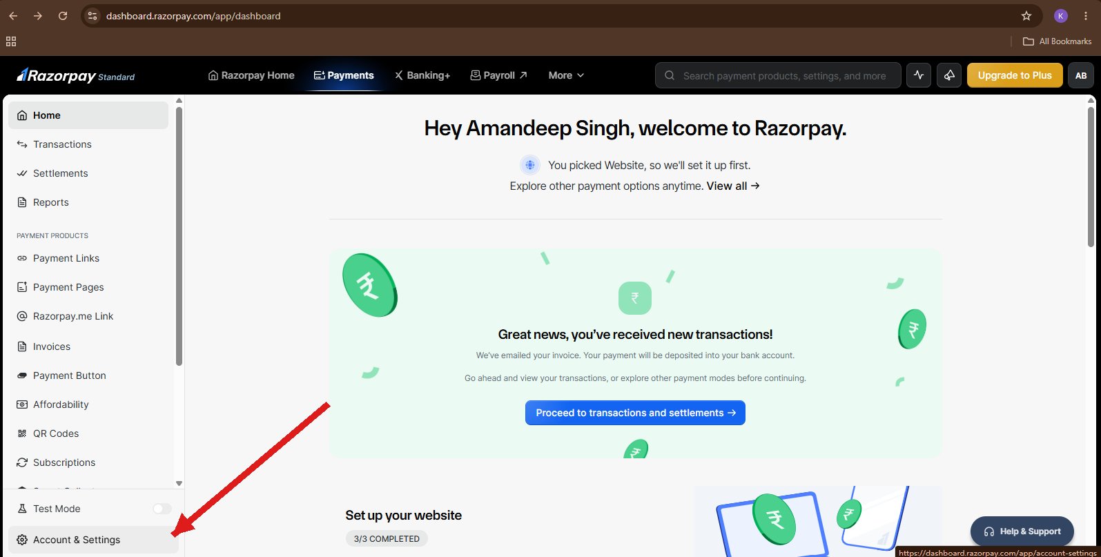 Razorpay Dashboard highlighting the Account & Settings option in the left sidebar