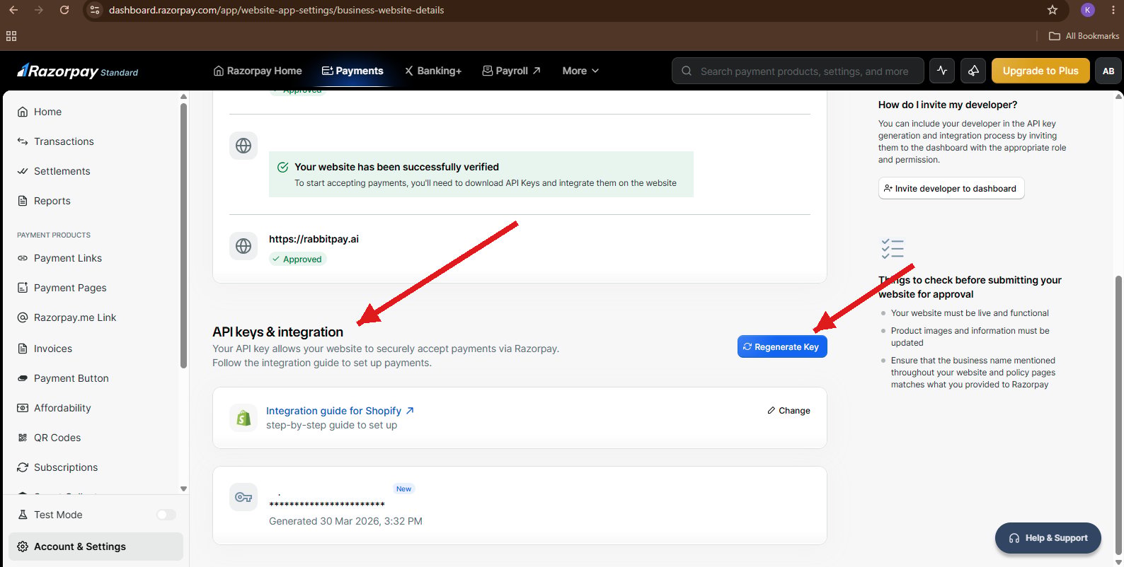 Razorpay Account Settings page showing the API keys and integration section with the Regenerate Key button