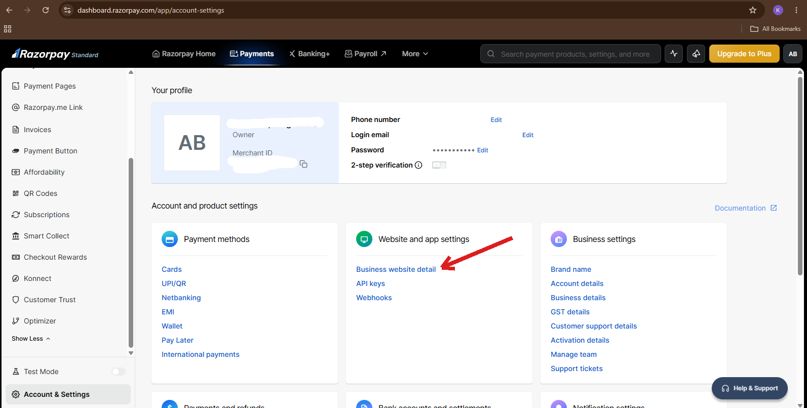 Razorpay Account & Settings page highlighting the Website and app settings card