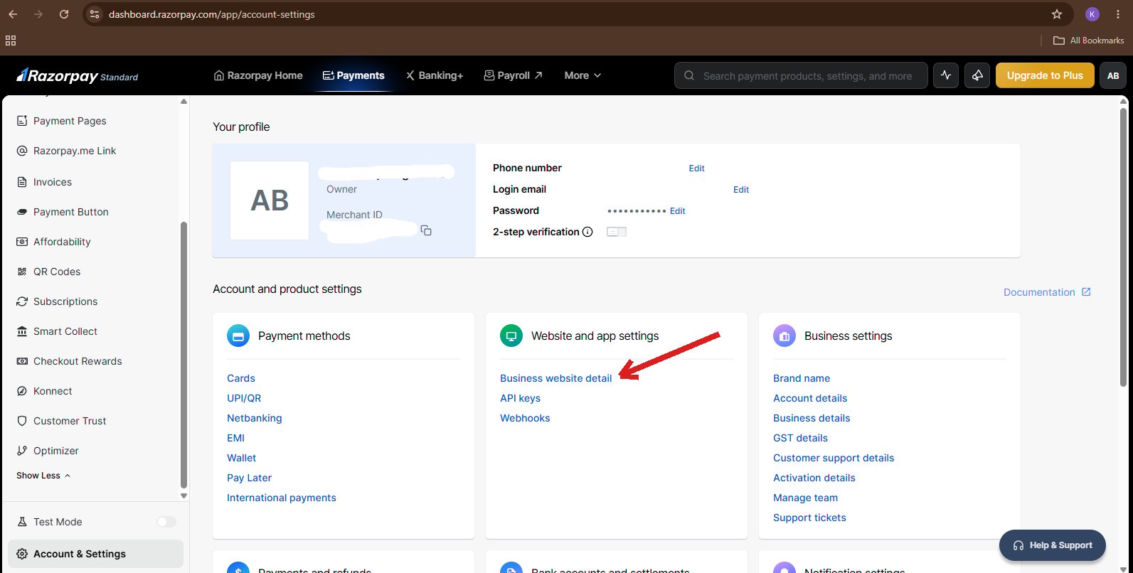 Razorpay Account & Settings page highlighting the Website and app settings card