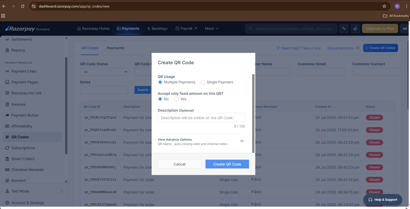 Razorpay Create QR Code dialog with default settings selected