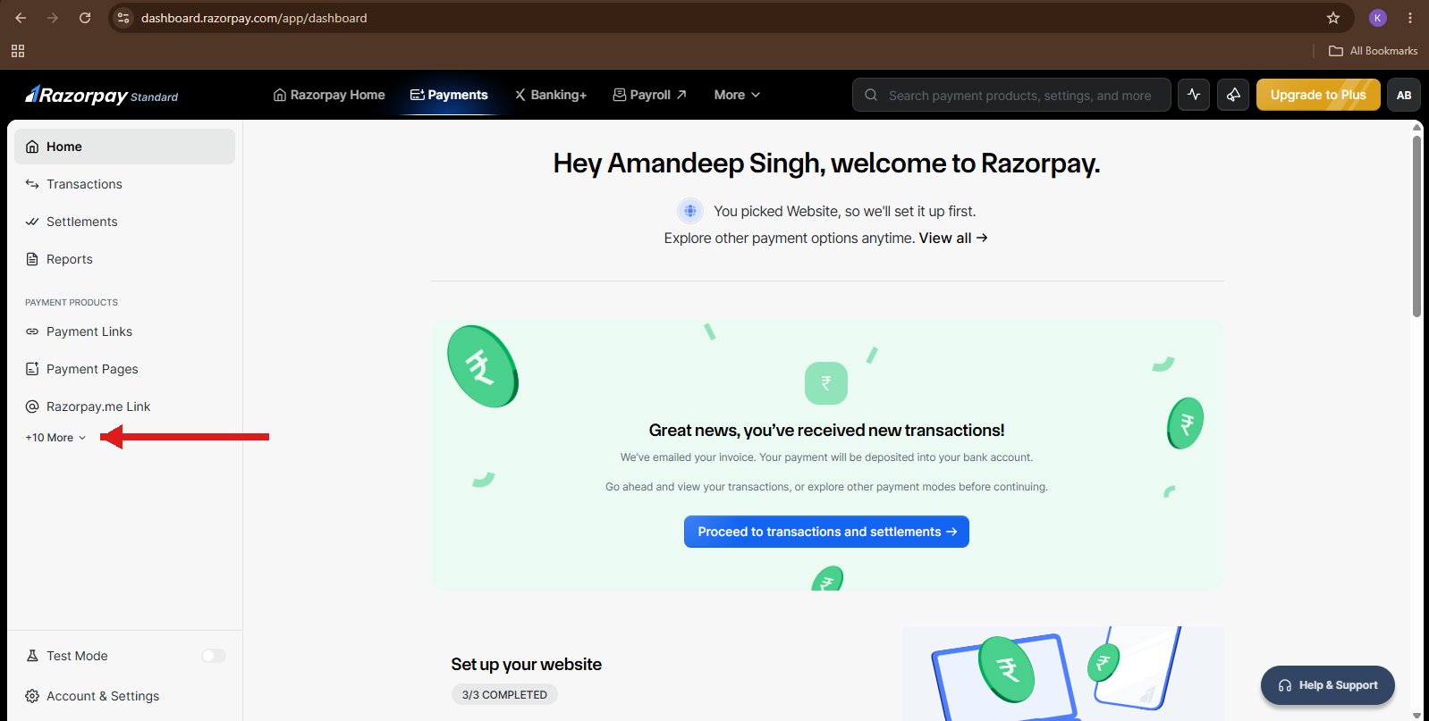 Razorpay Dashboard showing the +10 More option in the left navigation