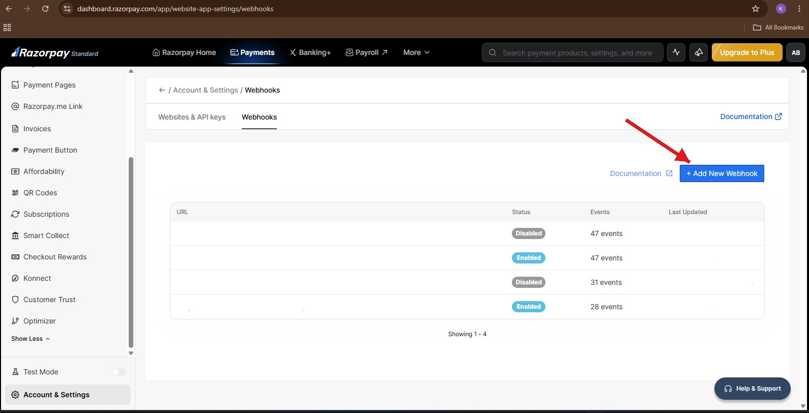 Razorpay Webhooks page with + Add New Webhook button highlighted