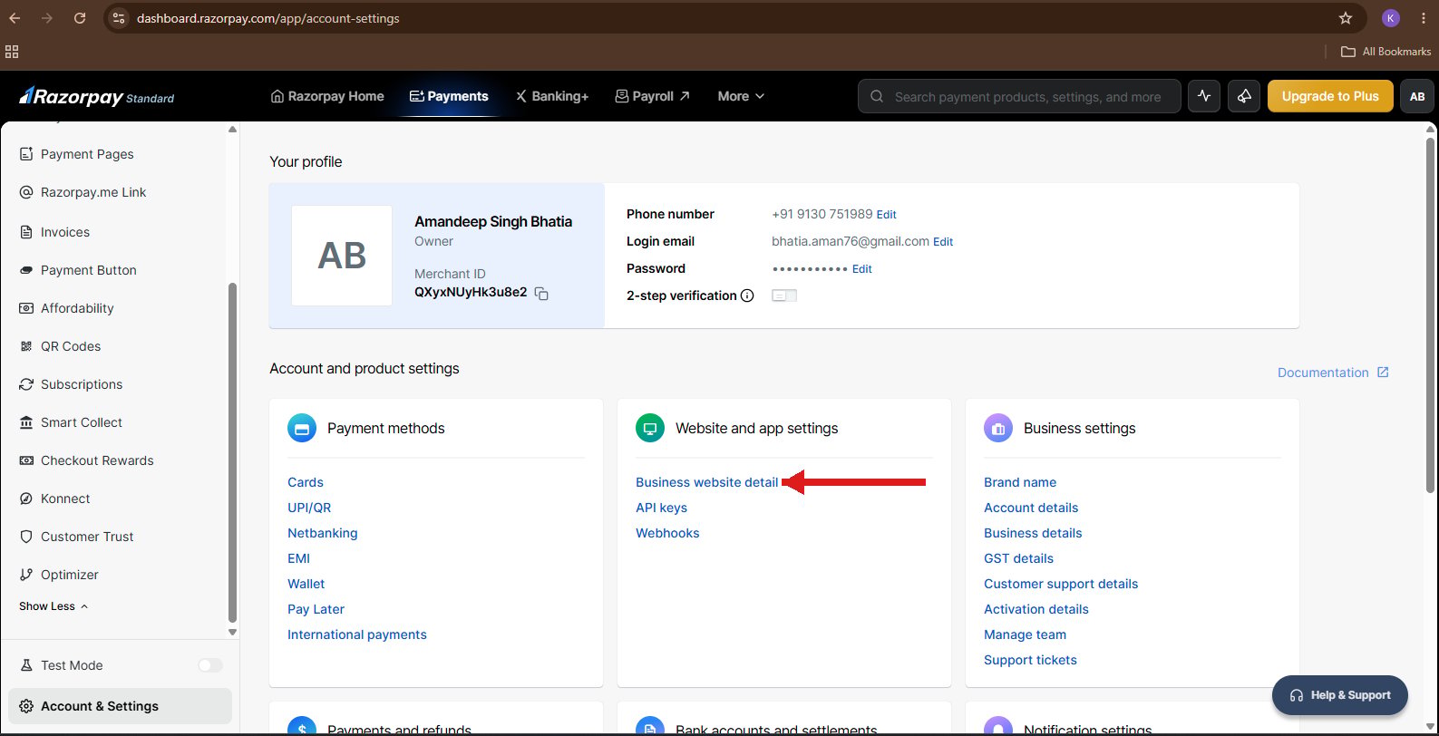 Razorpay Account & Settings page highlighting the Website and app settings card