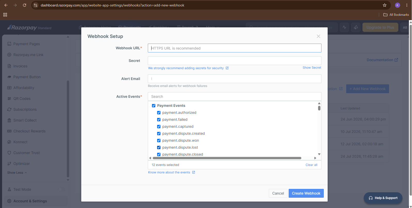 Razorpay Webhook Setup dialog showing Webhook URL, Secret, Alert Email, and Active Events fields
