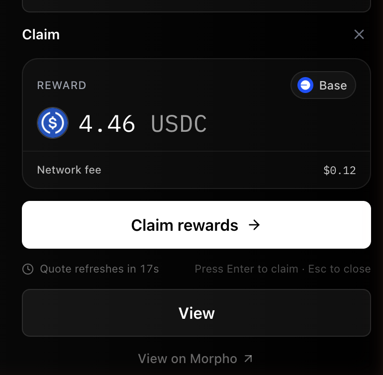 Campaign panel marked Campaign ended. The Claim section shows the reward amount in USDC on the Base network, a network fee preview, and a Claim rewards button.