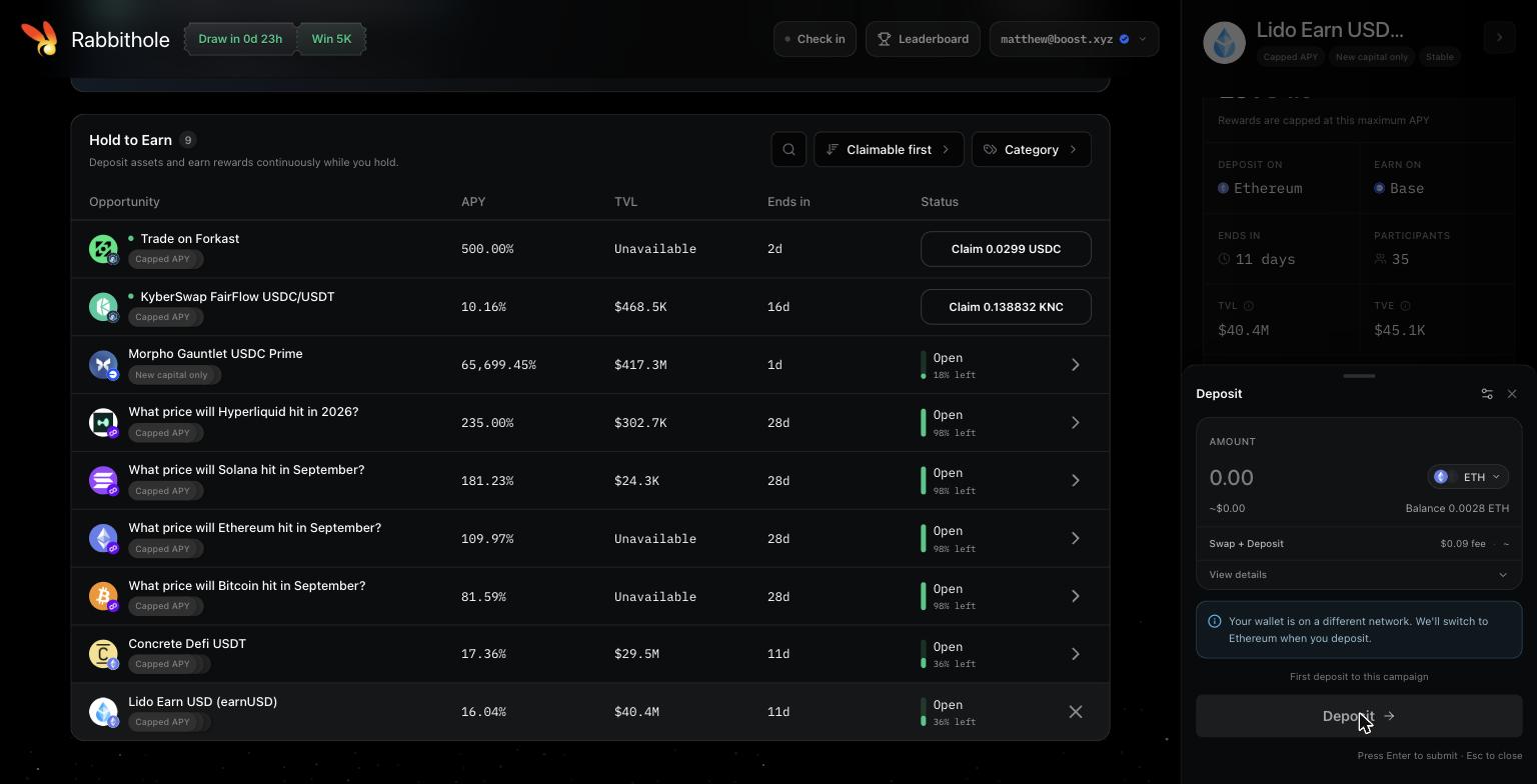 Deposit sheet with an amount input, an ETH token selector showing wallet balance, a Swap + Deposit fee estimate, a notice that the wallet will be switched to Ethereum, and a Deposit button labelled as the first deposit to this campaign.