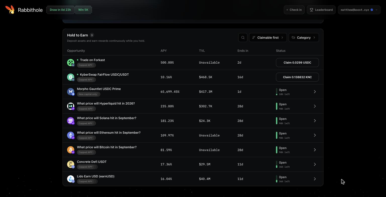 The Hold to Earn table listing campaigns with their badges, APY, TVL, days until end, and a status column showing either an Open status with remaining rewards or a Claim button.