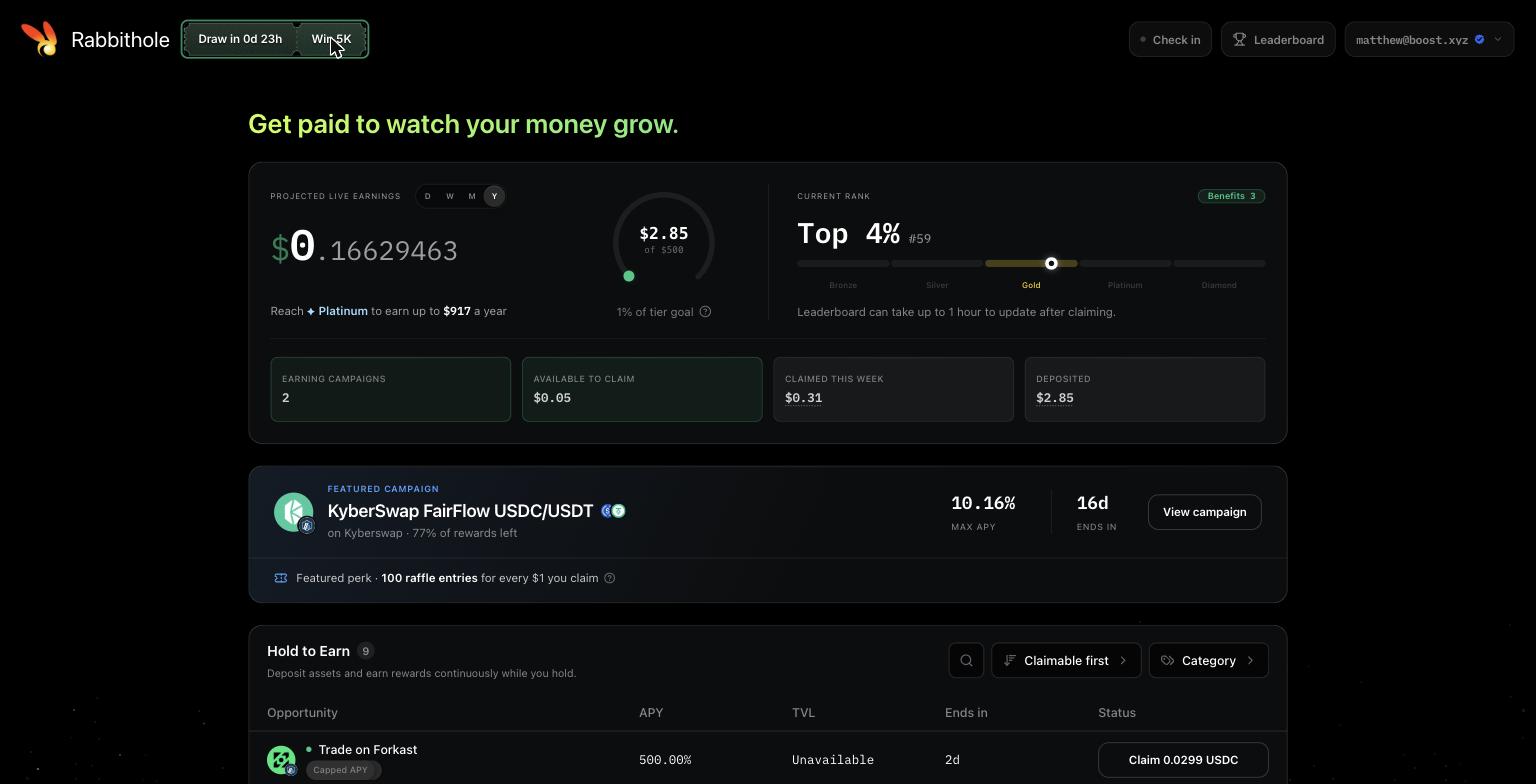 Rabbithole home dashboard showing projected live earnings, the tier deposit goal ring, current rank and tier bar, stat tiles for earning campaigns, available to claim, claimed this week, and deposited, and a featured campaign card.