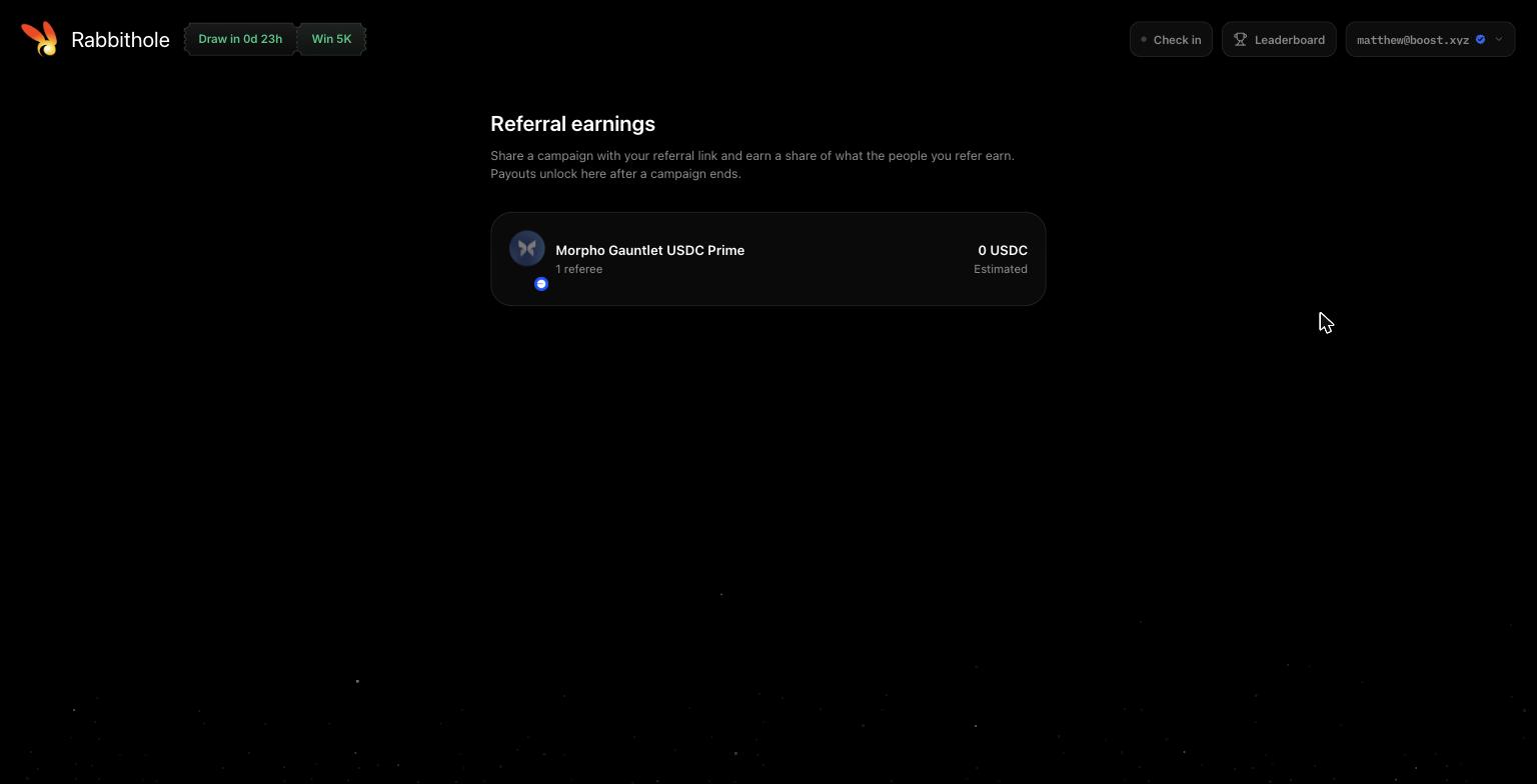 The Referral earnings page listing a campaign with one referee and an estimated 0 USDC payout.