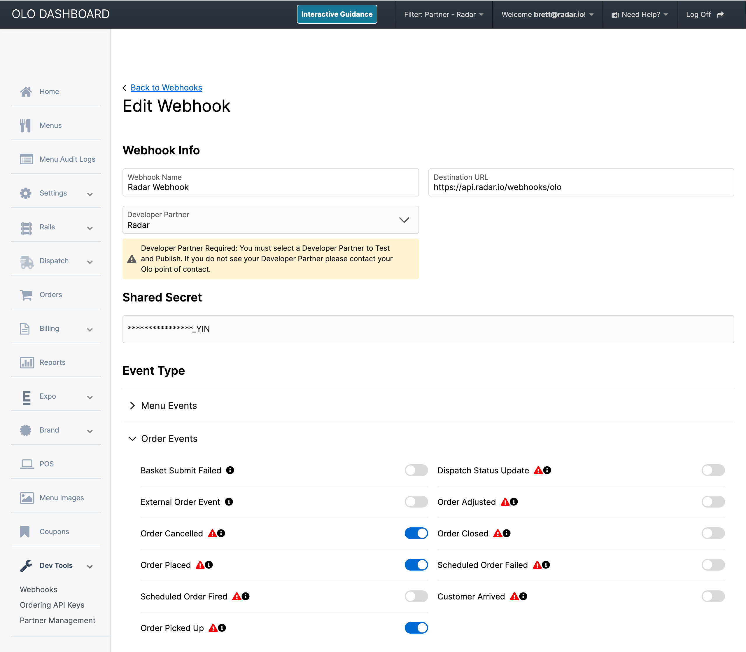 Olo Webhook Configuration Pn