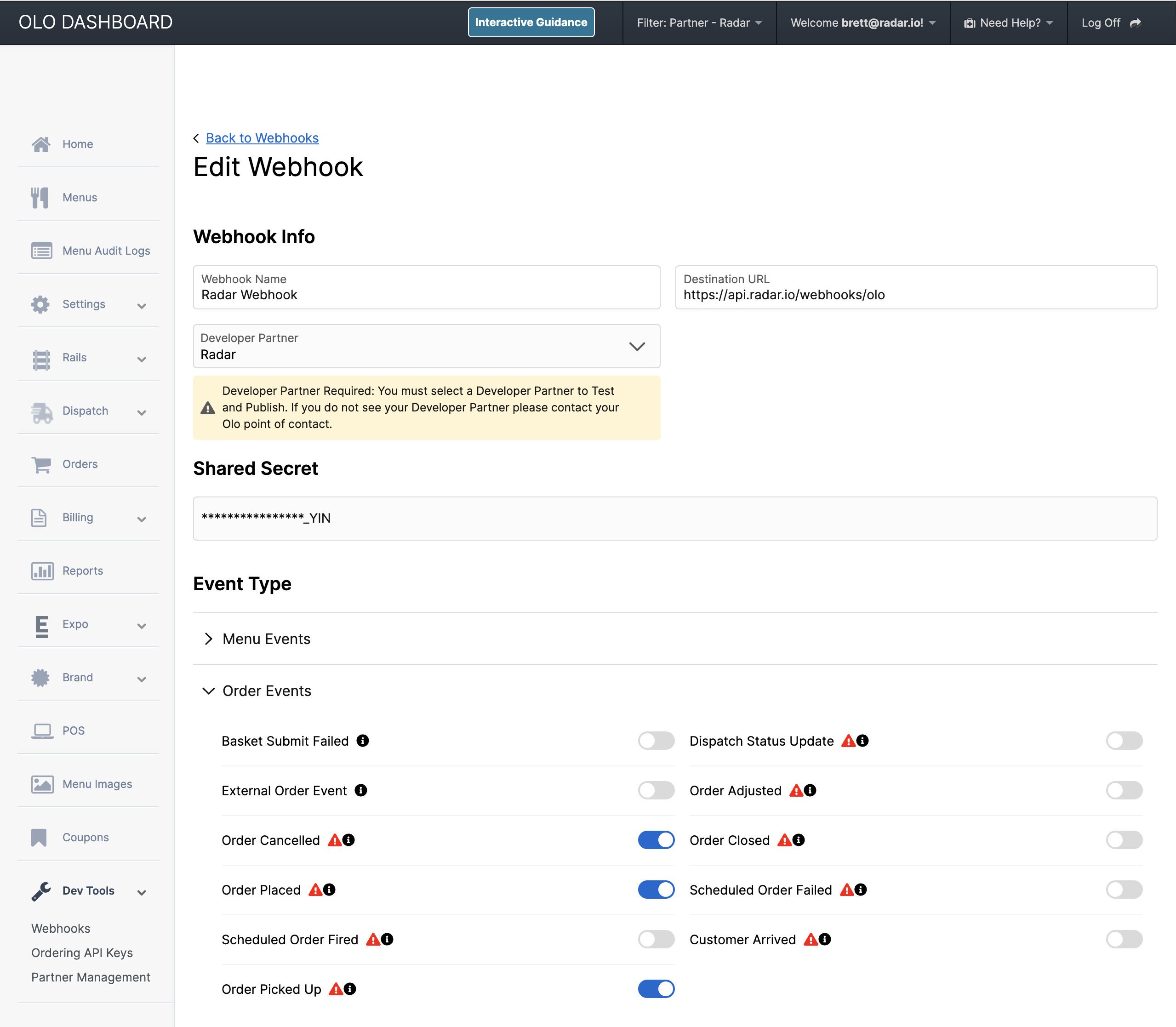 Olo Webhook Configuration Pn