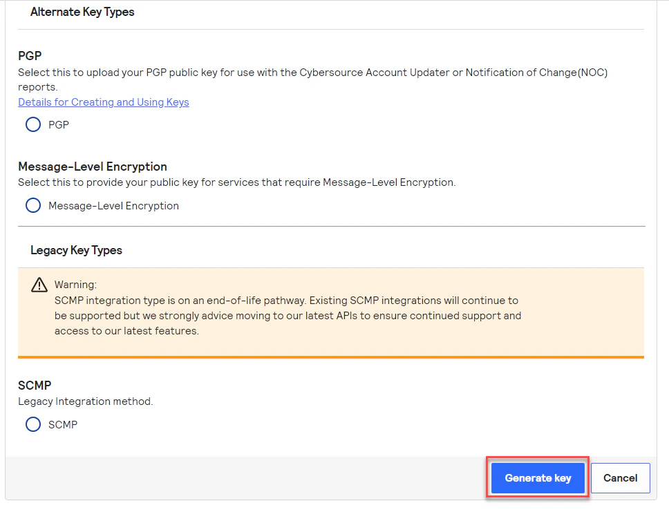 Cybersource Complete Generate Key