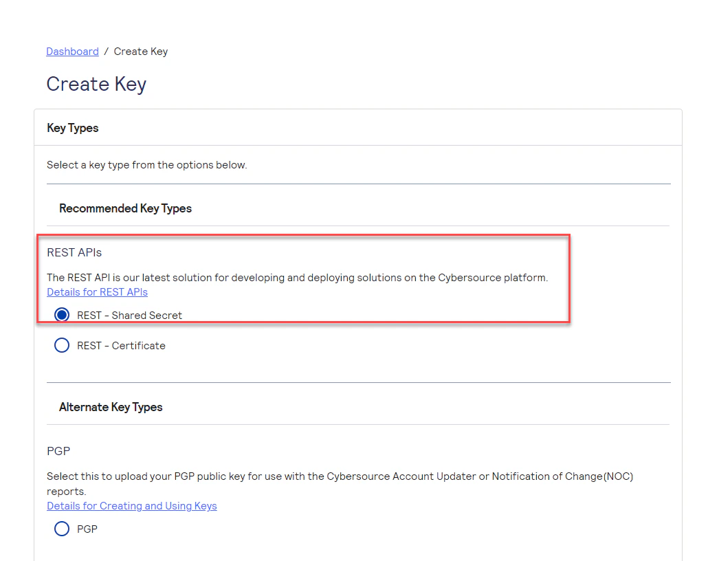 Cybersource Create Key