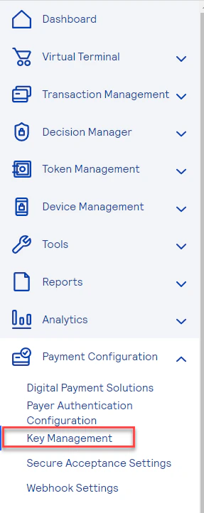 Cybersource Key Management Menu