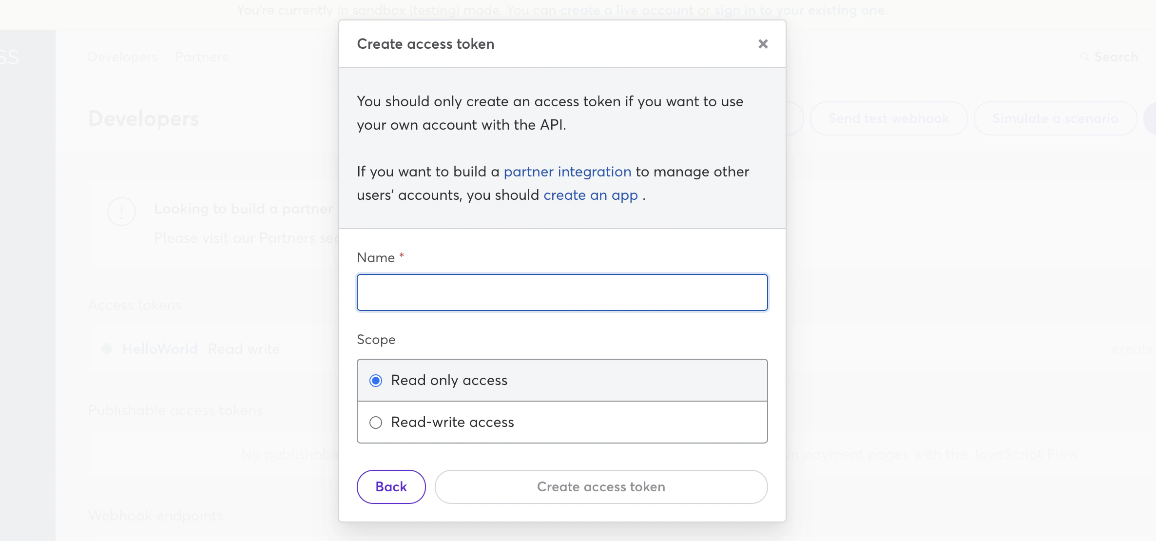 GoCardless Create Access Token