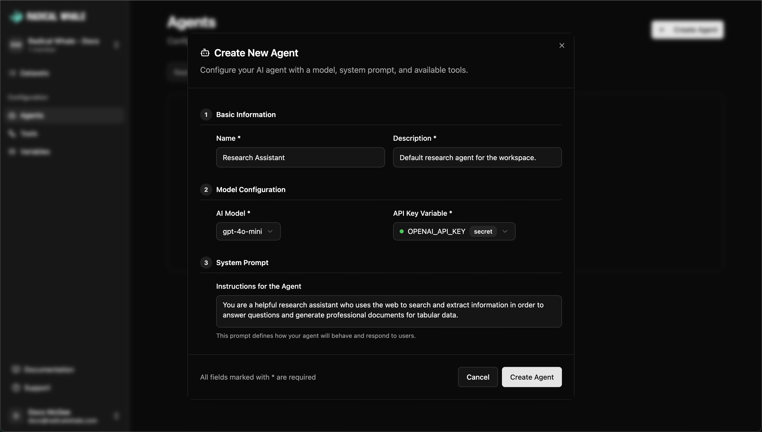 Agents interface showing AI assistant configuration and management