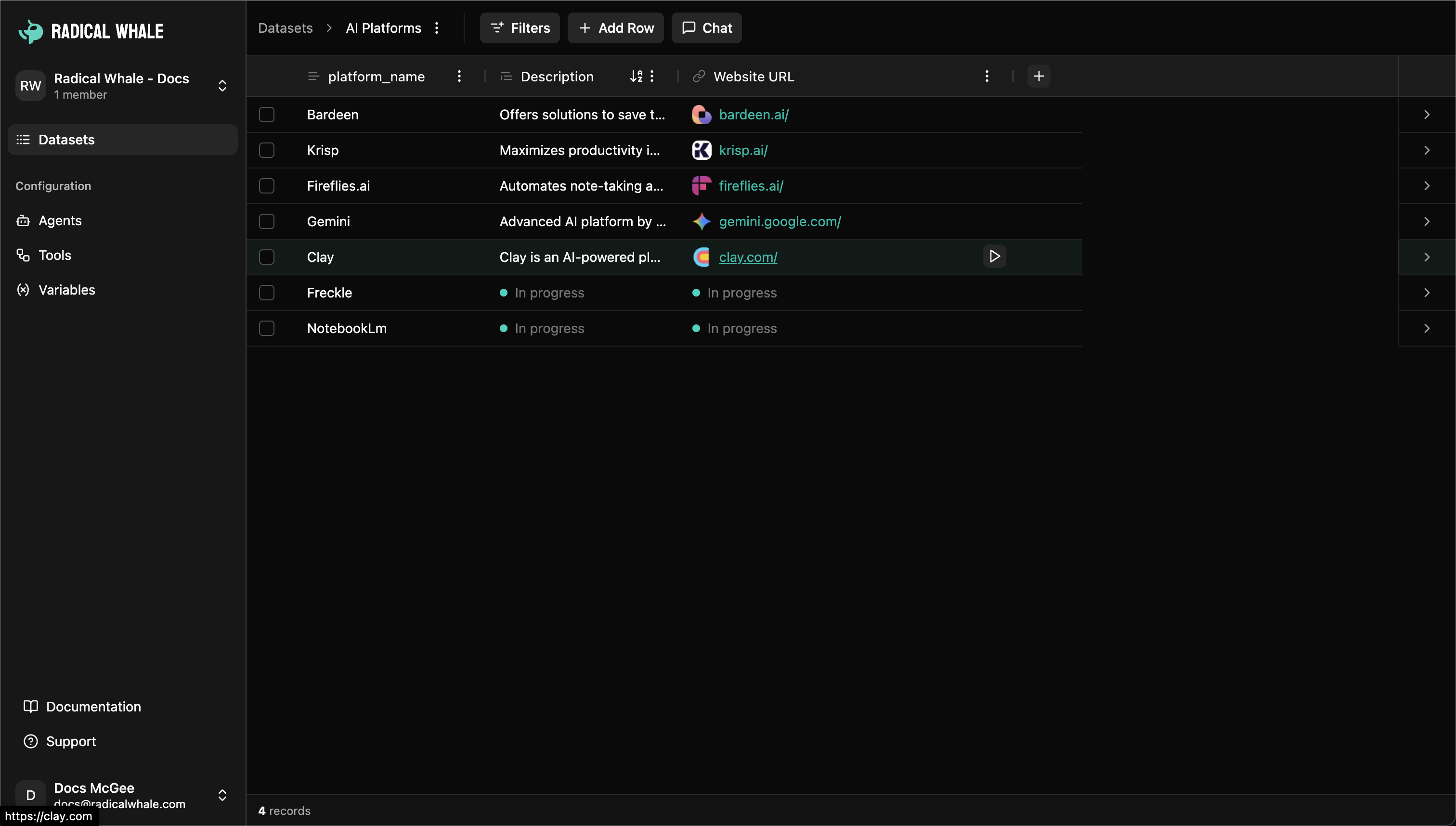 Dataset interface showing intelligent data tables with AI processing