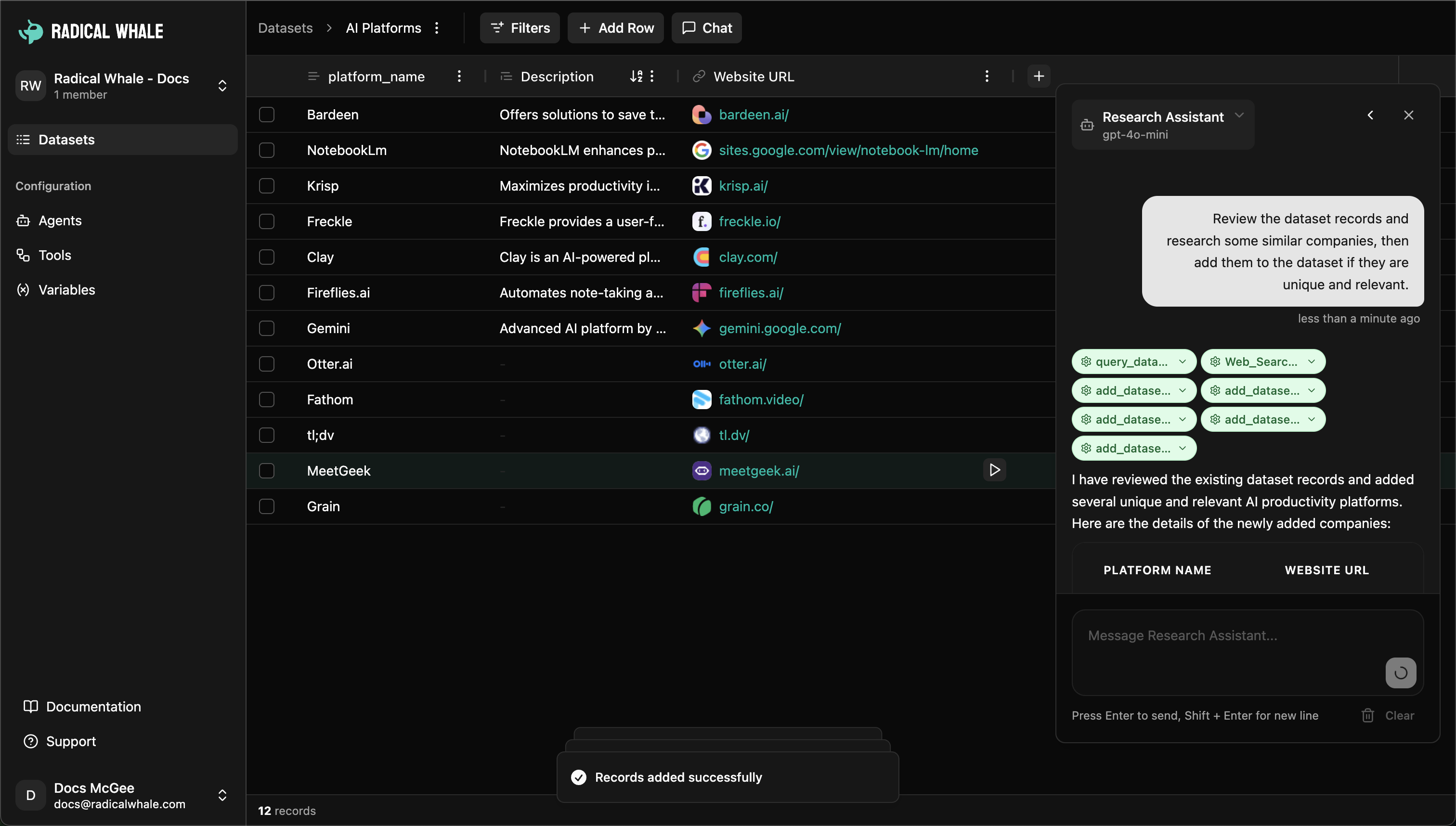 Dataset chat interface showing conversational data management