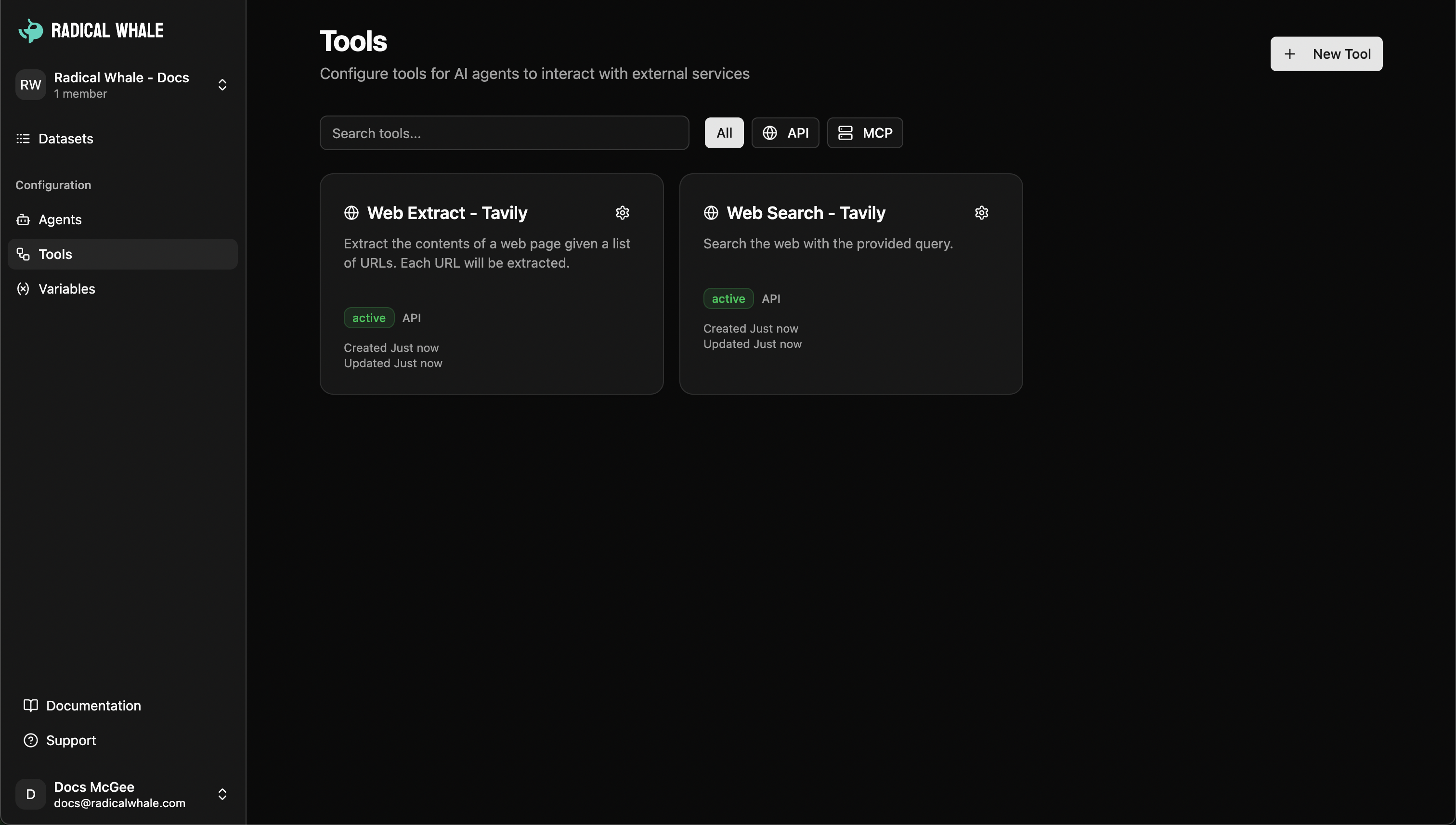 Tools interface showing API configuration and external integrations