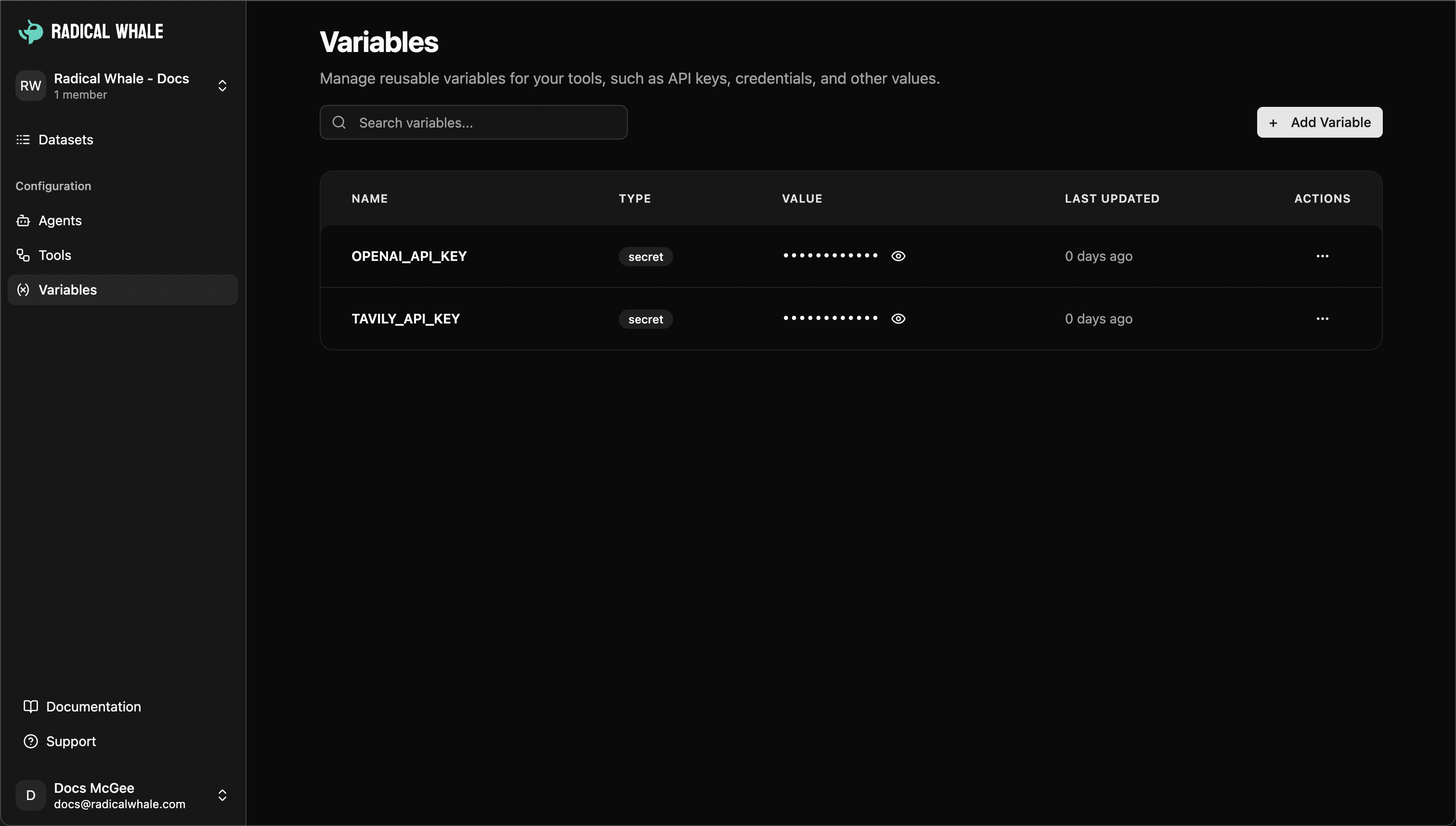 Variables interface showing secure credential and configuration management
