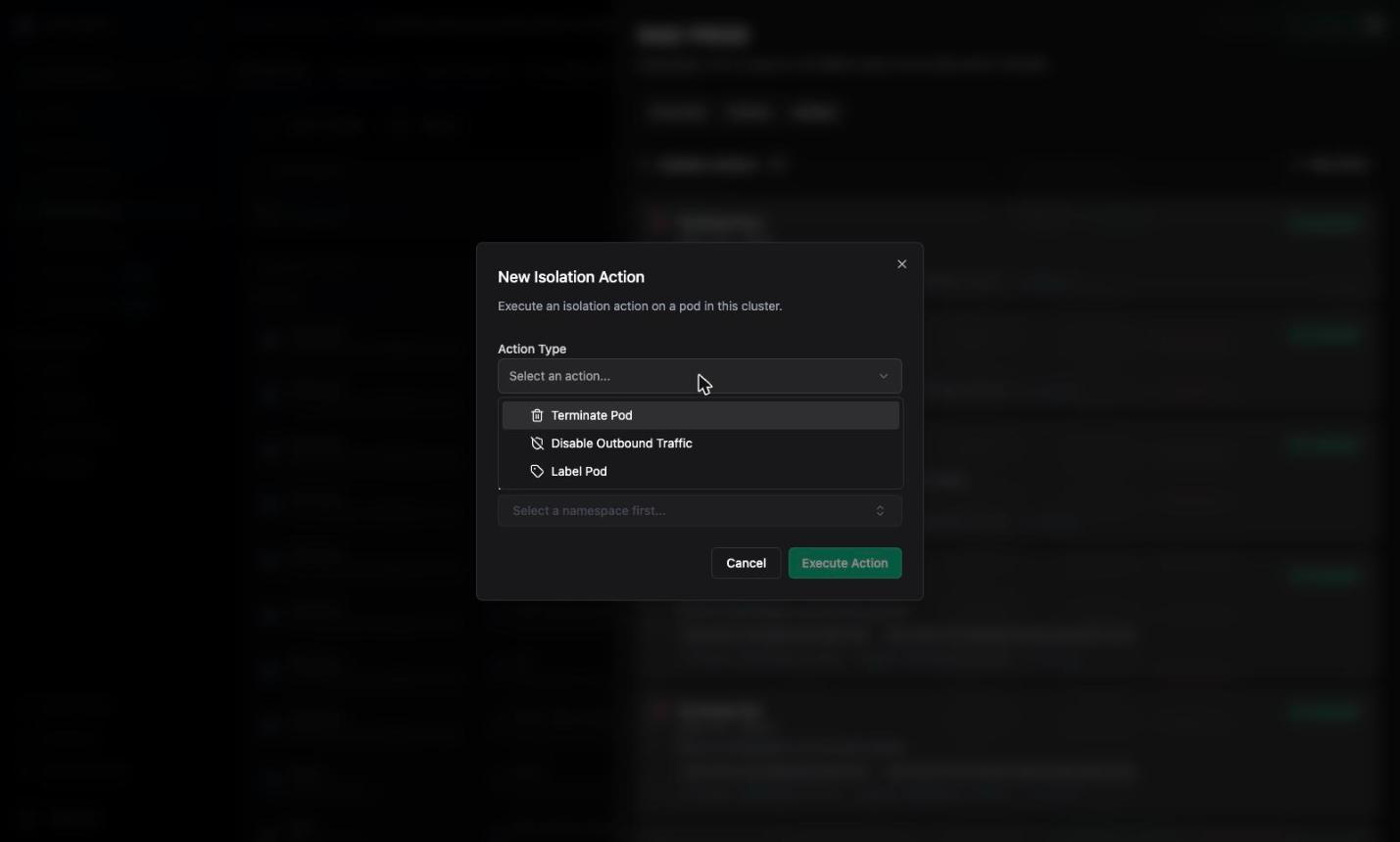 Action type dropdown with the three available action types