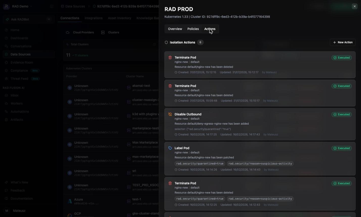 Isolation Actions tab of a cluster showing the action history