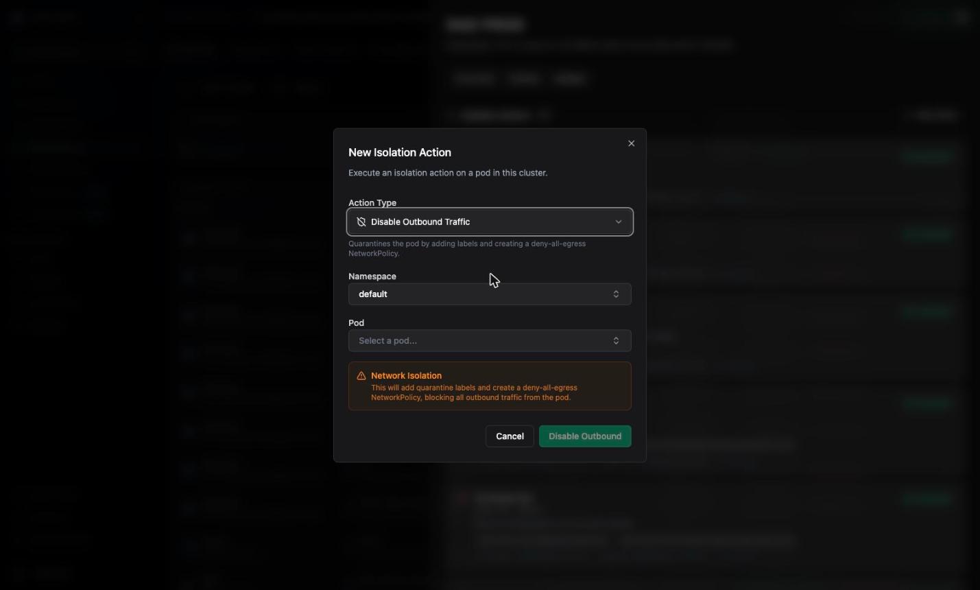 Disable Outbound Traffic selected, showing the network isolation warning