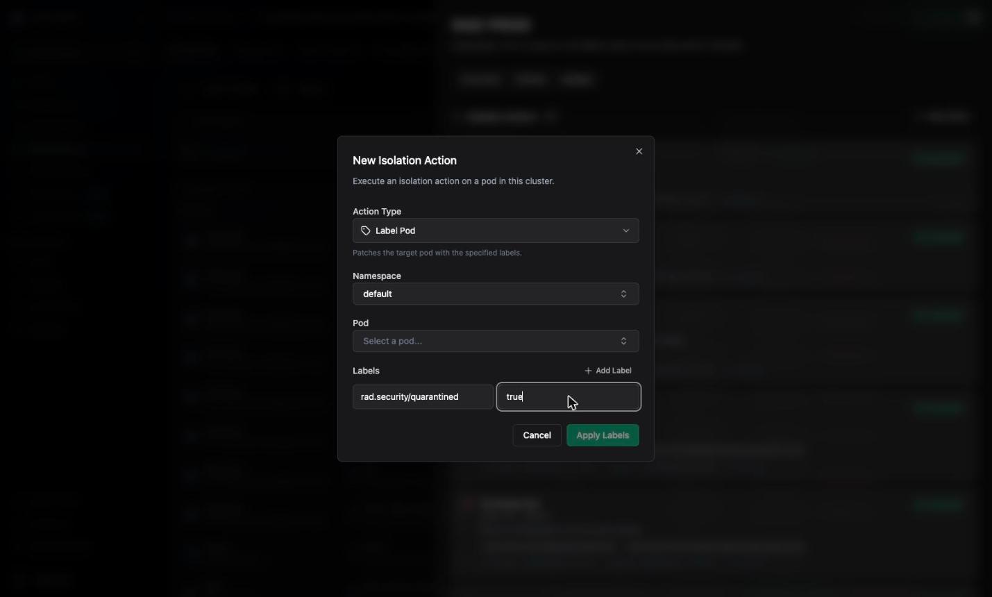 Label Pod selected with a label key and value filled in