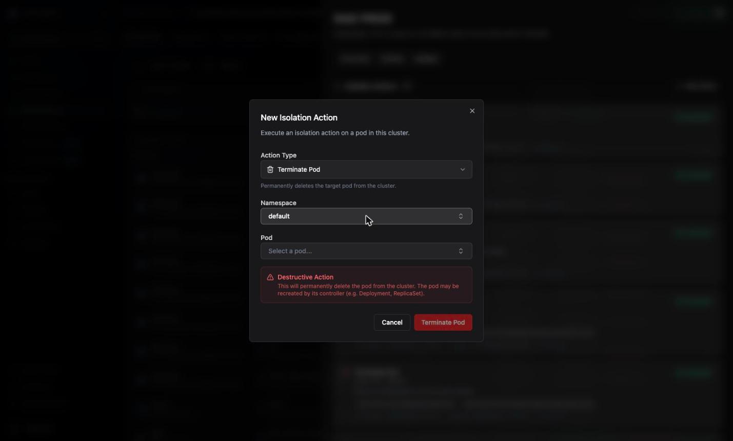 Terminate Pod selected, showing the destructive action warning