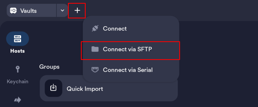 Klik tombol + lalu pilih Connect Via SFTP