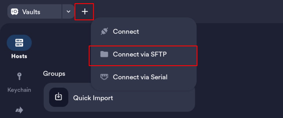 Klik tombol + lalu pilih Connect Via SFTP
