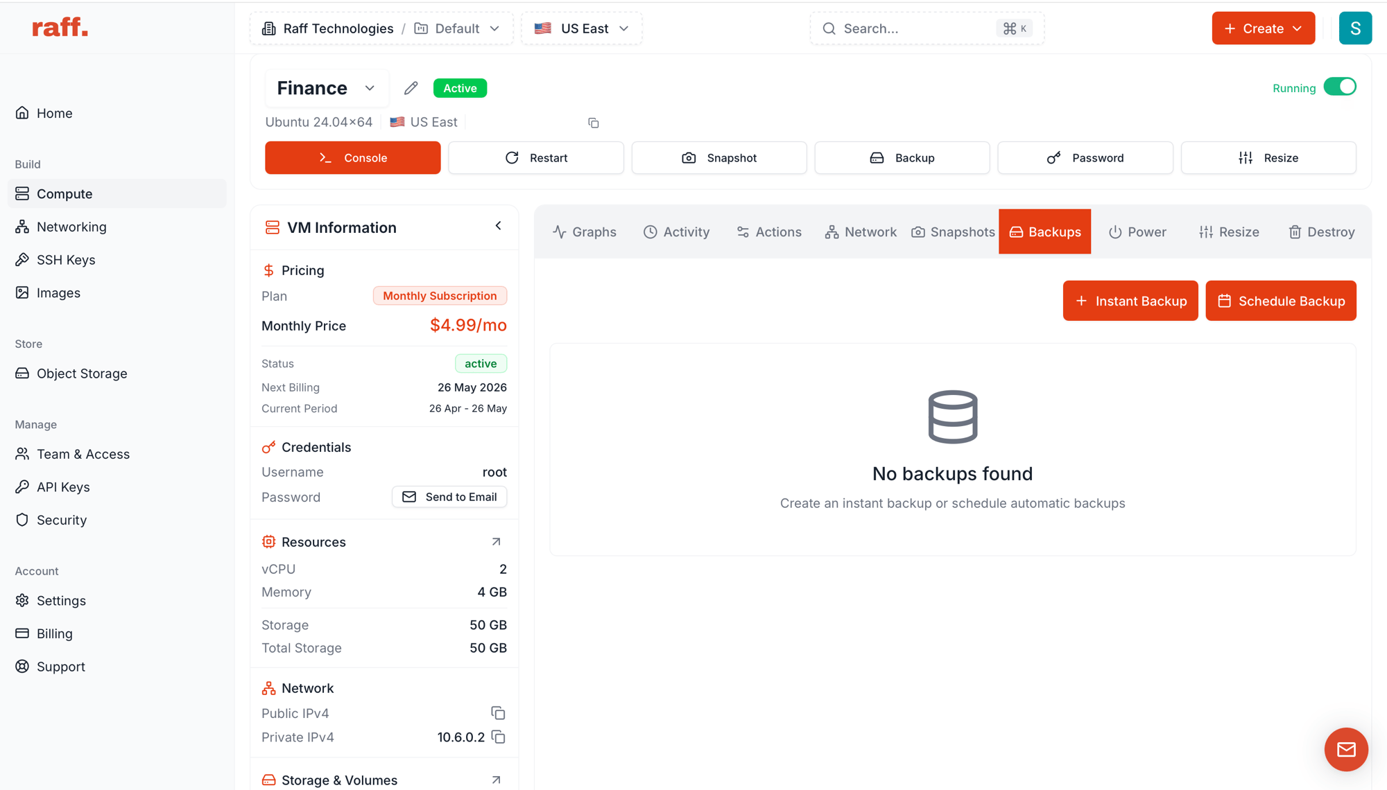 VM detail page Backups tab with Instant Backup and Schedule Backup buttons