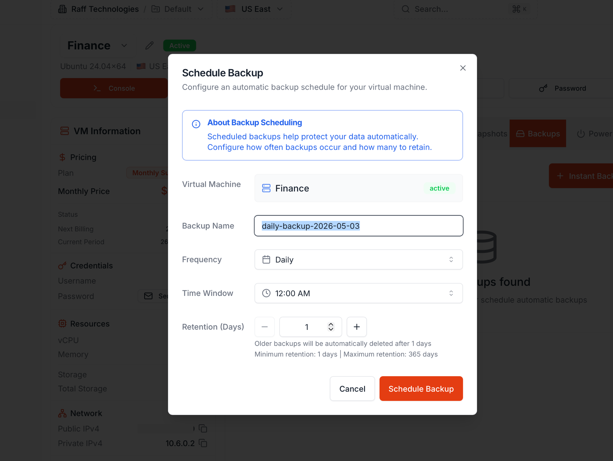 Schedule Backup dialog with Virtual Machine, Backup Name, Frequency (Daily), Time Window, and Retention (Days) fields