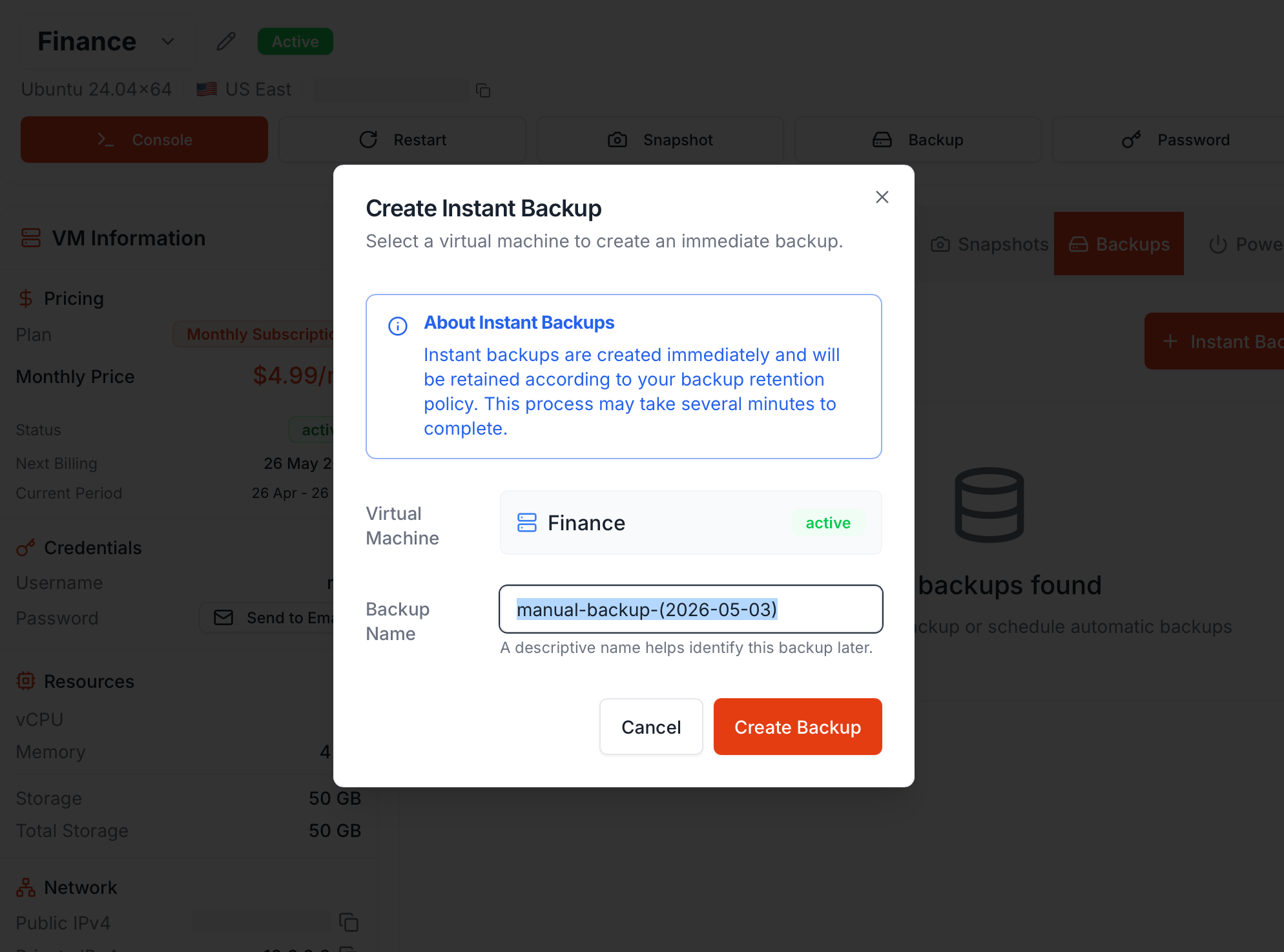 Create Instant Backup dialog with Virtual Machine and Backup Name fields and an About panel
