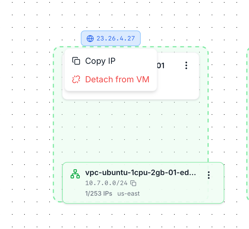 Context menu opened on a public IP chip showing two options: Copy IP and Detach from VM (in red)