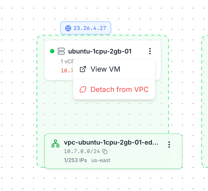 Context menu opened on a VM card showing two options: View VM (link out) and Detach from VPC (in red)