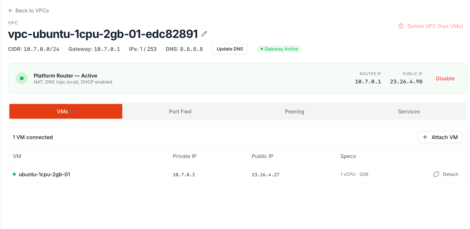Platform Router active state showing a green Gateway Active badge, a green Platform Router — Active card with the subtitle "NAT, DNS (vpc.local), DHCP enabled.", router IP 10.7.0.1 and public IP 23.26.4.98 on the right, and a red Disable button. Below, the VMs tab is selected with one VM connected.