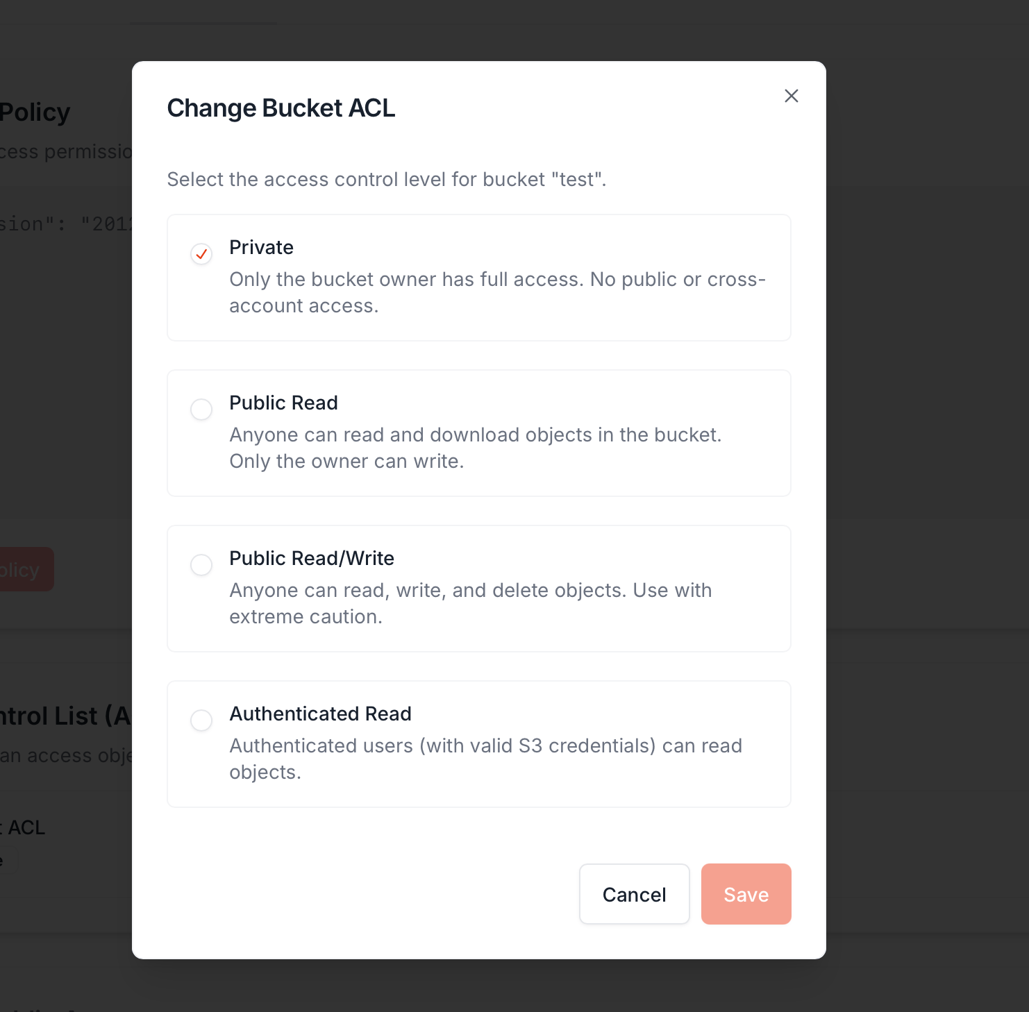 Change Bucket ACL dialog with 4 options: Private (selected), Public Read, Public Read/Write, Authenticated Read