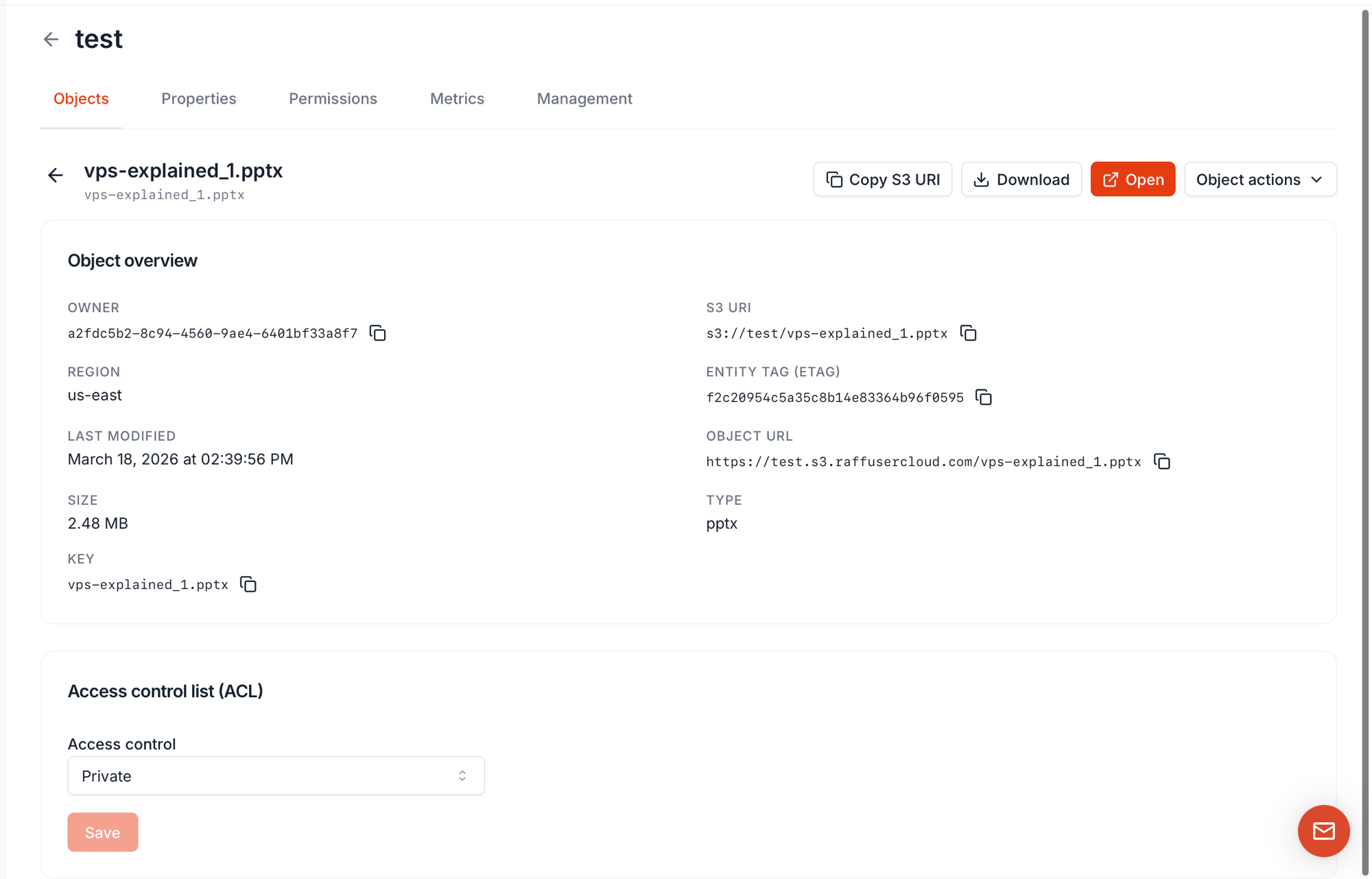 Object detail page with Object overview (owner, region, last modified, S3 URI, ETag, Object URL, key, type, size) and Access control list (ACL) at the bottom with a Private dropdown and Save button