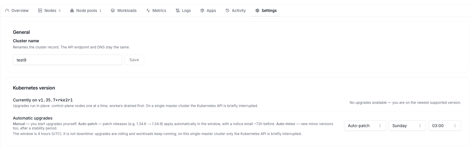 Kubernetes version card in cluster Settings — current version, upgrade mode, and maintenance window